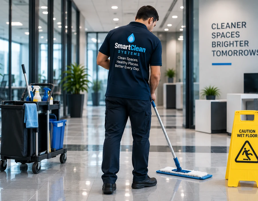 SmartClean Systems commercial cleaner mopping a modern office floor
